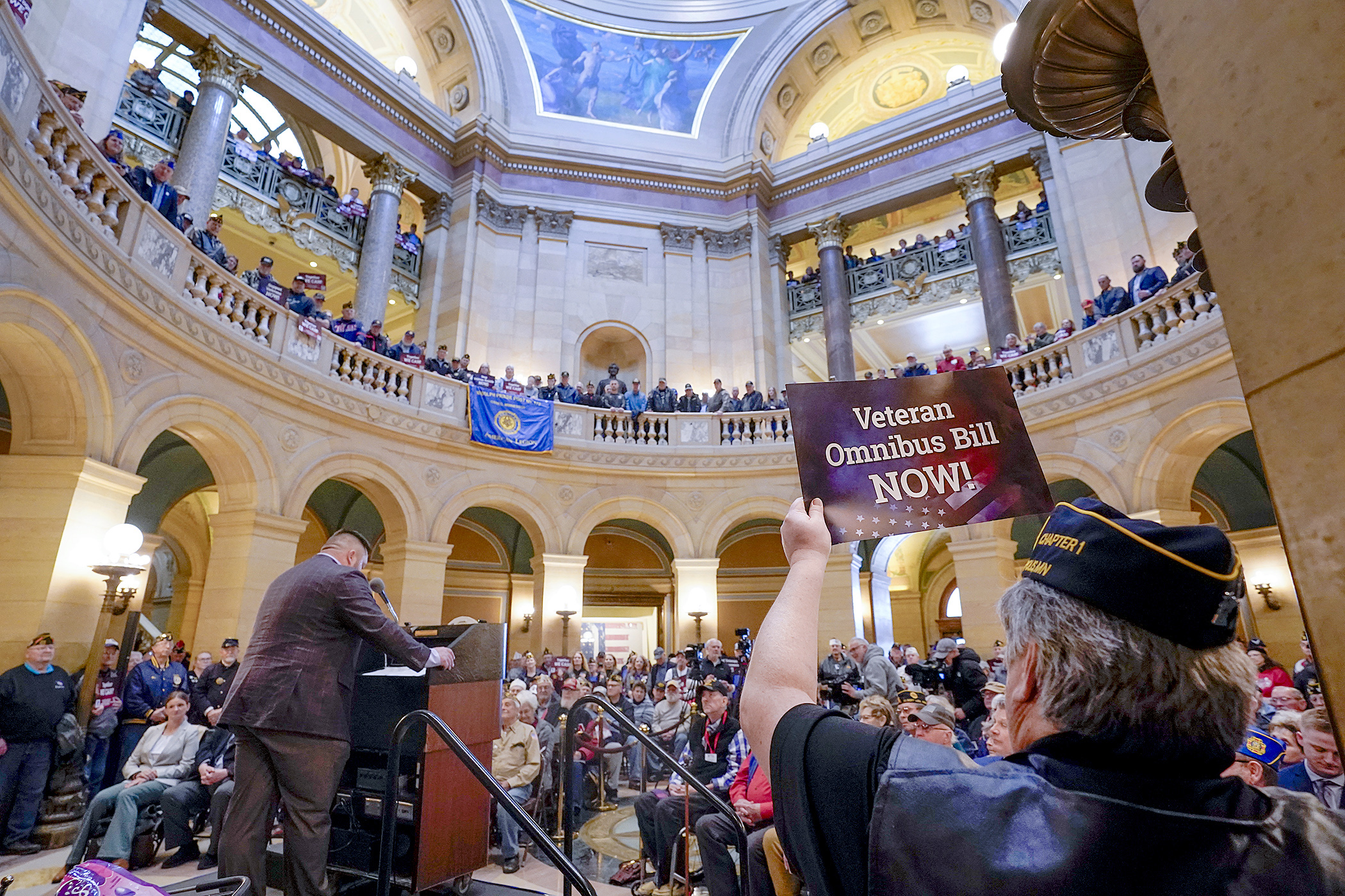 Hundreds of veterans and their supporters rallied in the Capitol Rotunda for Veterans Day on the Hill April 17. (Photo by Michele Jokinen)